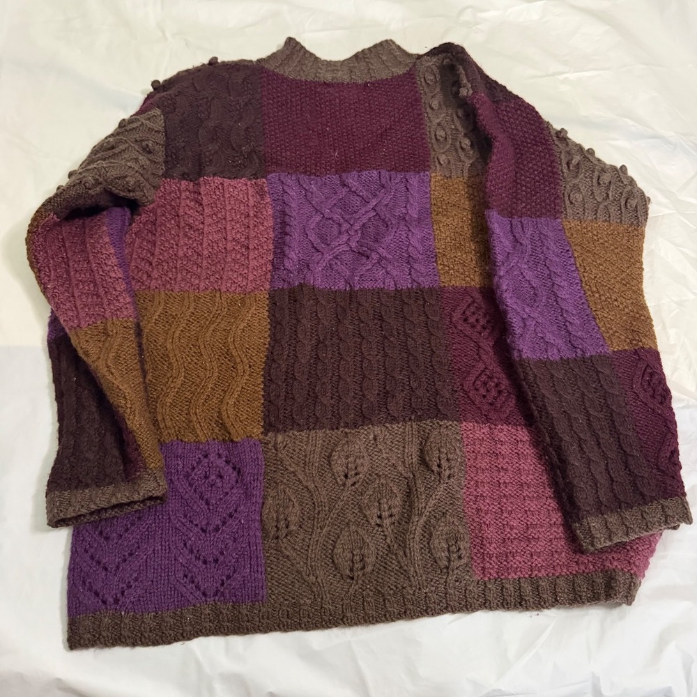L.L. Bean Womens Patchwork Cable Knit Wool Sweater Large Purple Brown Vintage